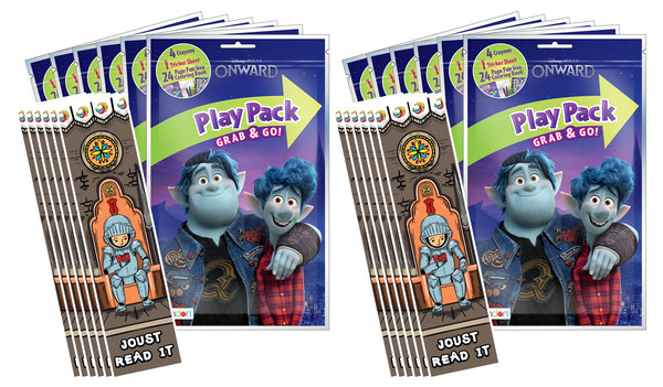 Bundle of 12 Disney Pixar's Onward Grab & Go Play Packs and 12 KaleidoQuest 'Joust Read It ' Medieval/Knight-Themed Colorable Bookmarks
