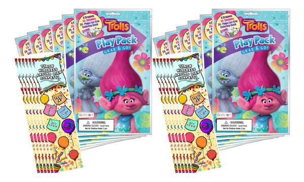Bundle of 12 Dreamworks Trolls Grab & Go Play Packs and 12 KaleidoQuest 'Throw Kindness Around Like Confetti' Party-Themed Colorable Bookmarks