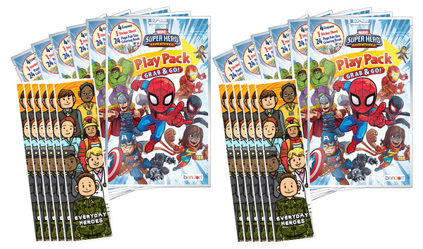 Bundle of 12 Marvel's Super Hero Adventures Grab & Go Play Packs and 12 KaleidoQuest 'Everyday Heroes' Heroes-Themed Colorable Bookmarks